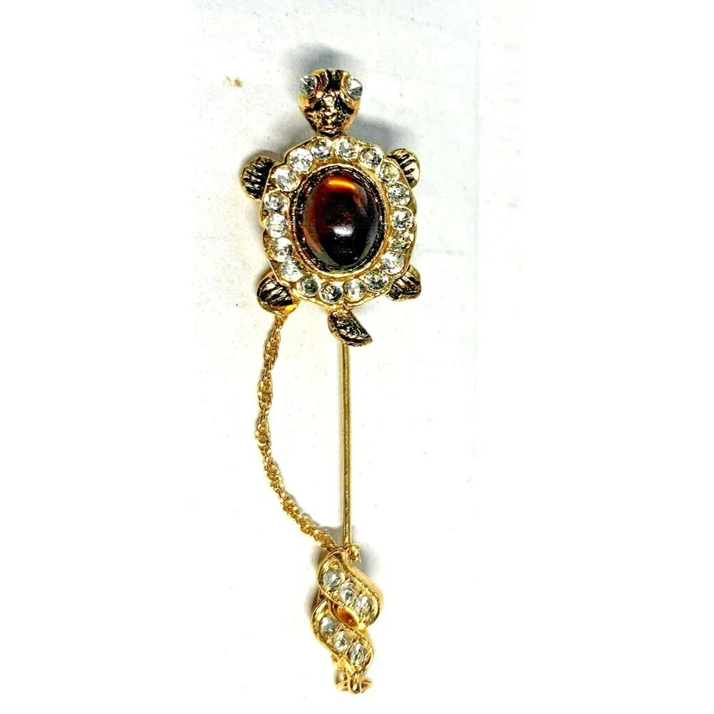 VTG Turtle Stick Pin Gold Tone Brooch Garnet Crystal Tie Bar Lapel Brooch